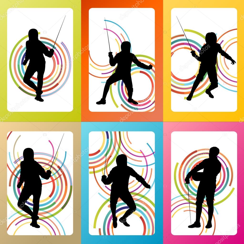 Fencing sport silhouette vector background set concept