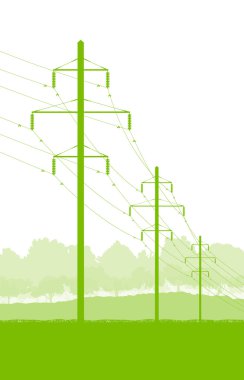 Yüksek gerilim enerji iletim kulesi satırı yeşil ekoloji enerji