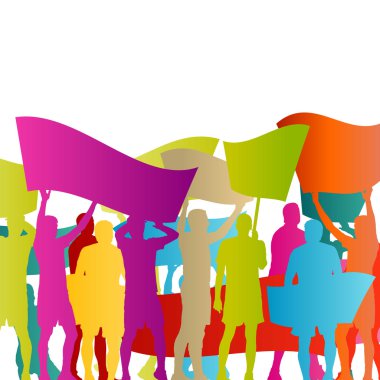 Protestocular kızgın insanlar kalabalık posterler ve soyut Bayraklarda
