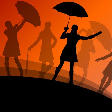 Kadın şemsiye ve yağmurluk siluetleri mevsimlik sıklıkta soyut