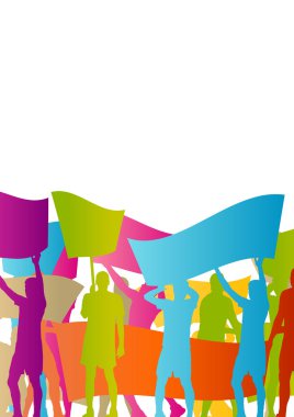 Protestocular kızgın insanlar kalabalık posterler ve soyut Bayraklarda
