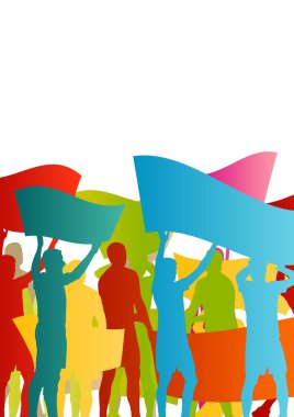 Protestocular kızgın insanlar kalabalık posterler ve soyut Bayraklarda