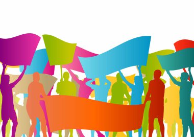 Protestocular kızgın insanlar kalabalık posterler ve soyut Bayraklarda