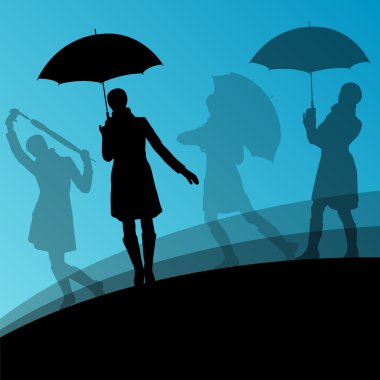 Kadın şemsiye ve yağmurluk siluetleri mevsimlik sıklıkta soyut