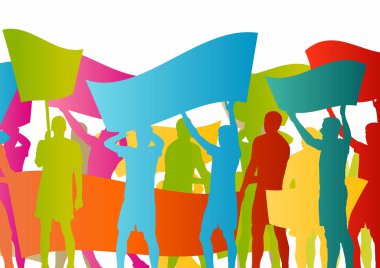 Protestocular kızgın insanlar kalabalık posterler ve soyut Bayraklarda