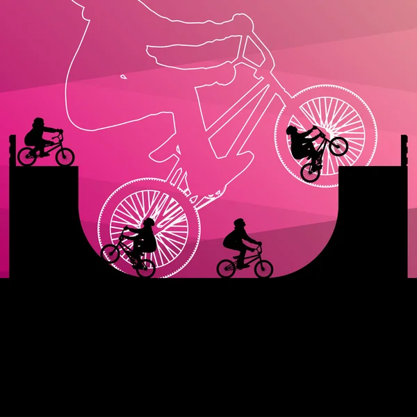 極端な自転車自転車ライダー アクティブな子供たちのスポーツ シルエット — ストックベクタ
