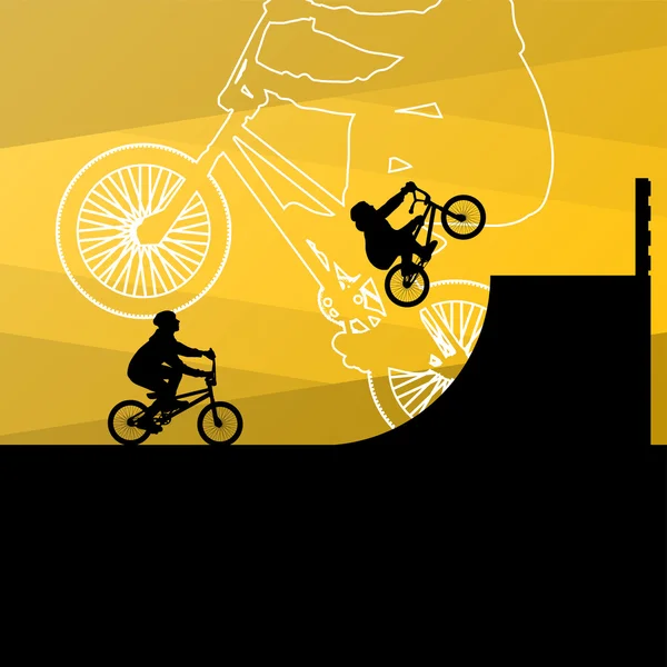 Extreme cyclists bicycle riders active children sport silhouette — Stock Vector