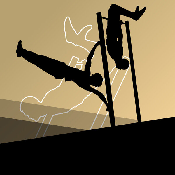 Active and strong fitness men doing push ups muscles training in