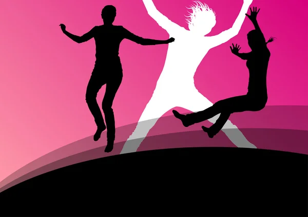 Jovens mulheres silhuetas ativas pulando no ar backg abstrato — Vetor de Stock
