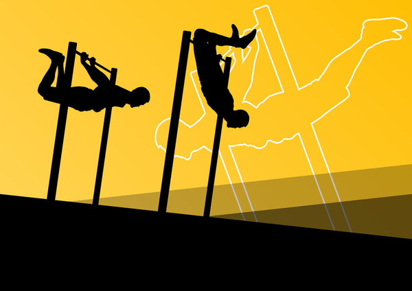 Active and strong fitness men doing push ups muscles training in