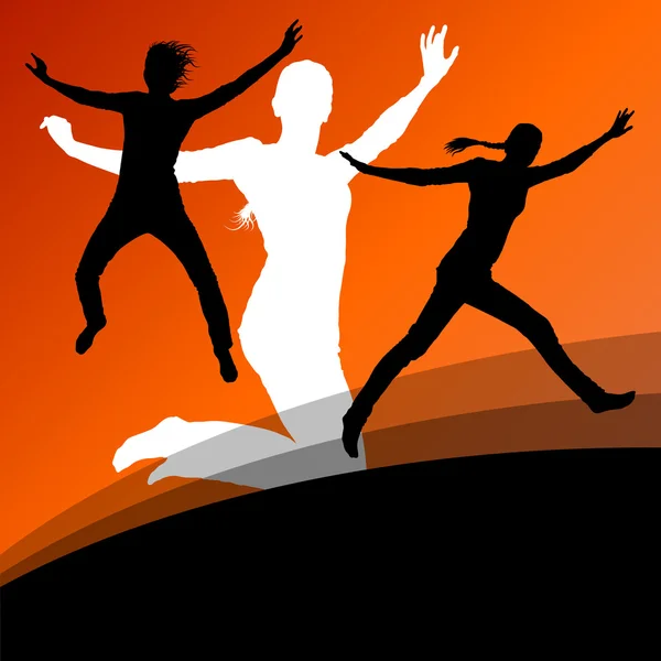 Jonge vrouwen actief silhouetten springen in de lucht abstracte backg — Stockvector