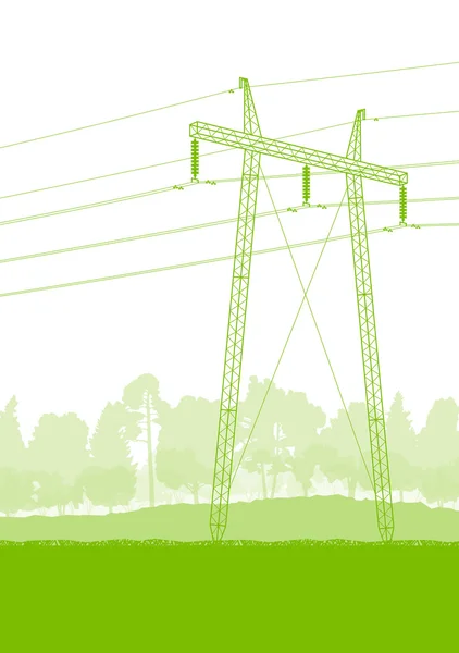 Yüksek gerilim enerji iletim kulesi satırı yeşil ekoloji enerji — Stok Vektör