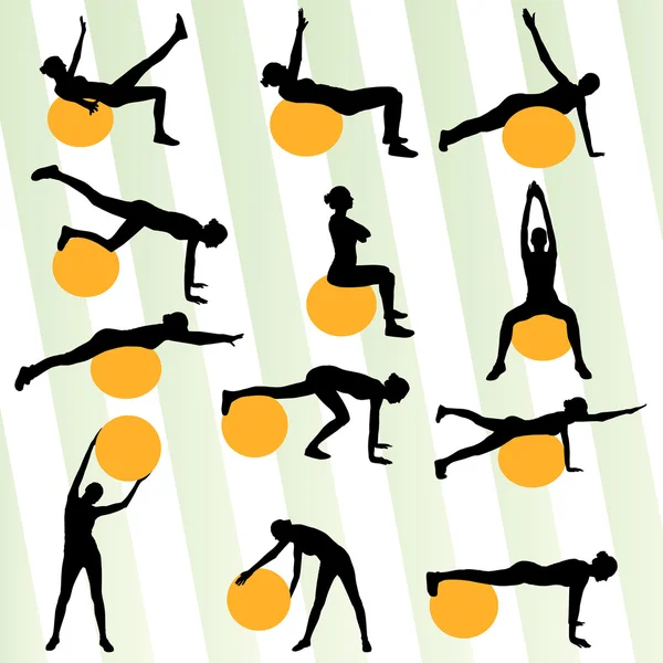 Woman on fitness ball exercises set vector background — Stock Vector