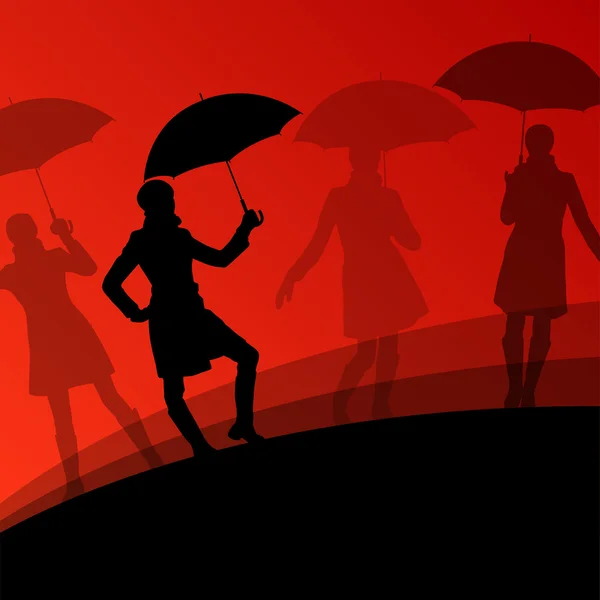 Mulheres guarda-chuva e silhuetas capa de chuva outdoo sazonal abstrato — Vetor de Stock