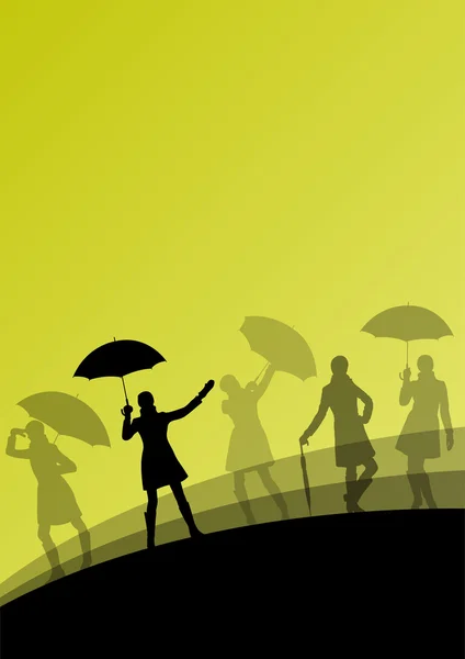 Women umbrella and raincoat silhouettes abstract seasonal outdoo — Stock Vector