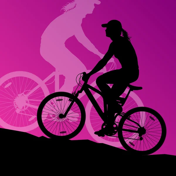 Mujer activa ciclistas ciclistas en el paisaje fondo enfermo — Vector de stock