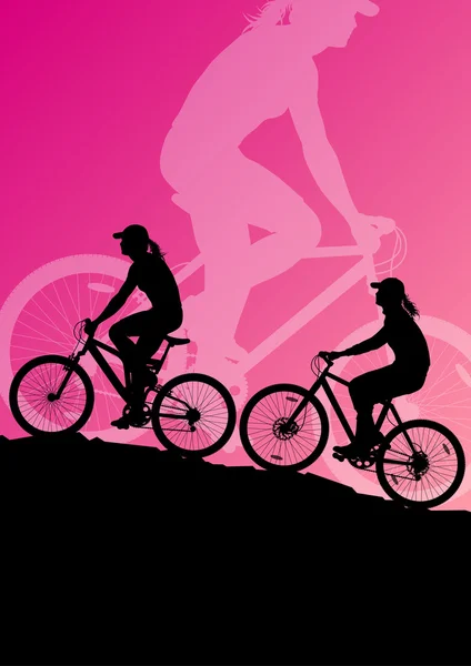 Active woman cyclists bicycle riders in landscape background ill — Stock Vector