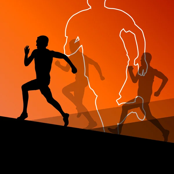 Active young men sport athletics hurdles barrier running silhoue — Stock Vector