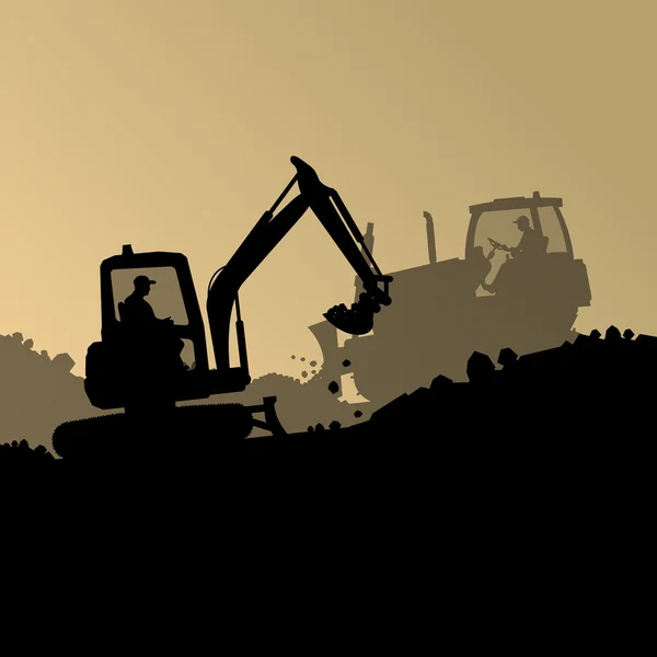 Εκσκαφέας Φορτωτής, υδραυλική μηχανή τρακτέρ και εργαζόμενος σκάψιμο στο — Διανυσματικό Αρχείο
