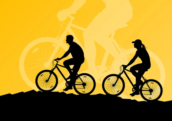 Ενεργό γυναίκα και άντρας ζευγάρι οικογένειας ποδηλάτες αναβάτες ποδηλάτων στο Λος Άντζελες — Διανυσματικό Αρχείο