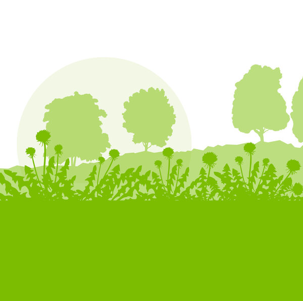 Весенний пейзаж с цветами одуванчиков векторный фон зеленый
