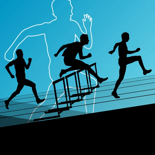 Aktywnych młodych mężczyzn sport lekkoatletyka bieg przez płotki bariera działa silhoue — Wektor stockowy
