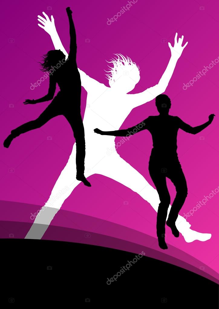 Young women active silhouettes jumping in the air abstract backg