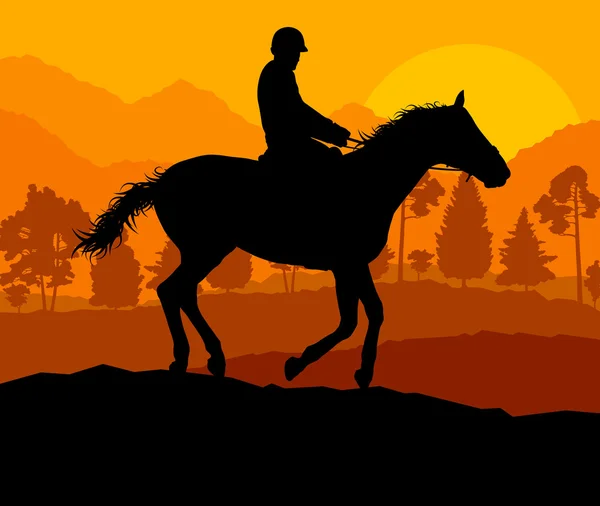 Horseback rider silhouette in nature vector background landscape — Stock Vector