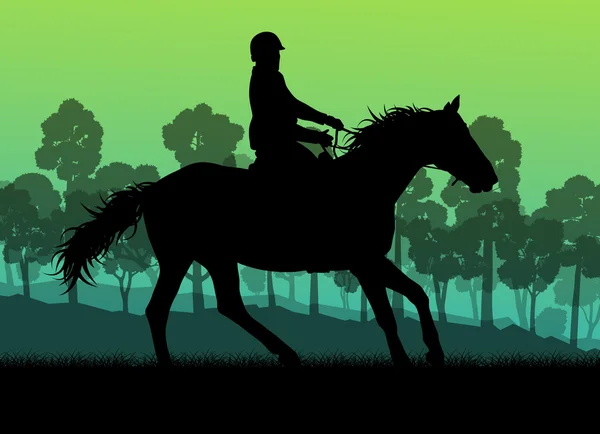 Horseback rider silhouette in nature vector background landscape — Stock Vector