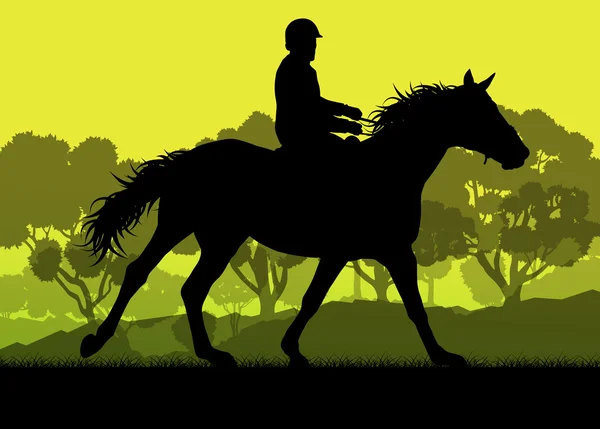 Horseback rider silhouette in nature vector background landscape — Stock Vector