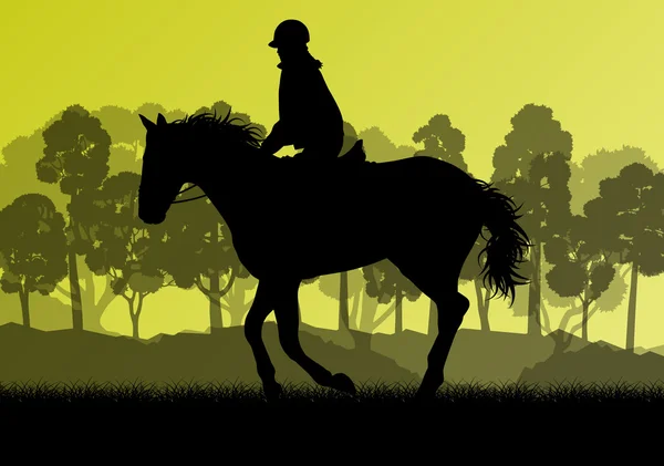 Horseback rider silhouette in nature vector background landscape — Stock Vector