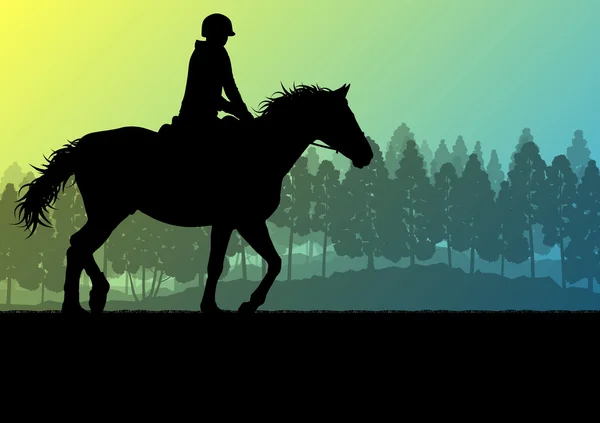 Horseback rider silhouette in nature vector background landscape — Stock Vector