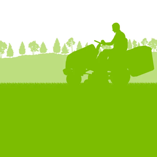 Uomo con prato mover taglio erba vettore sfondo ecologia conc — Vettoriale Stock