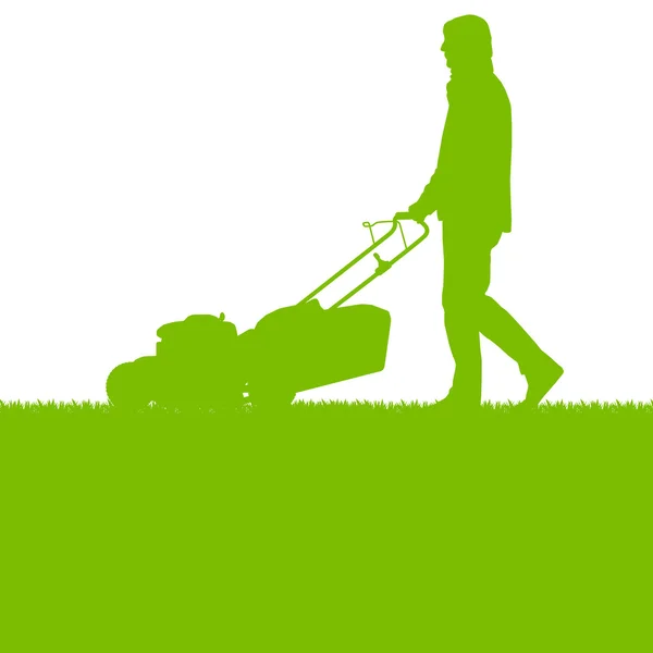 Людина з газонокосаркою для різання трави Векторний фон екологія conc — стоковий вектор