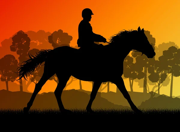 Horseback rider silhouette in nature vector background landscape — Stock Vector