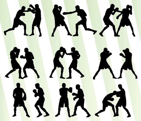 Boxe active jeunes hommes boîte sport silhouettes mis fond malade — Image vectorielle