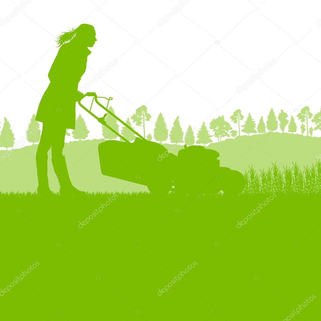 Woman with lawn mover cutting grass vector background ecology