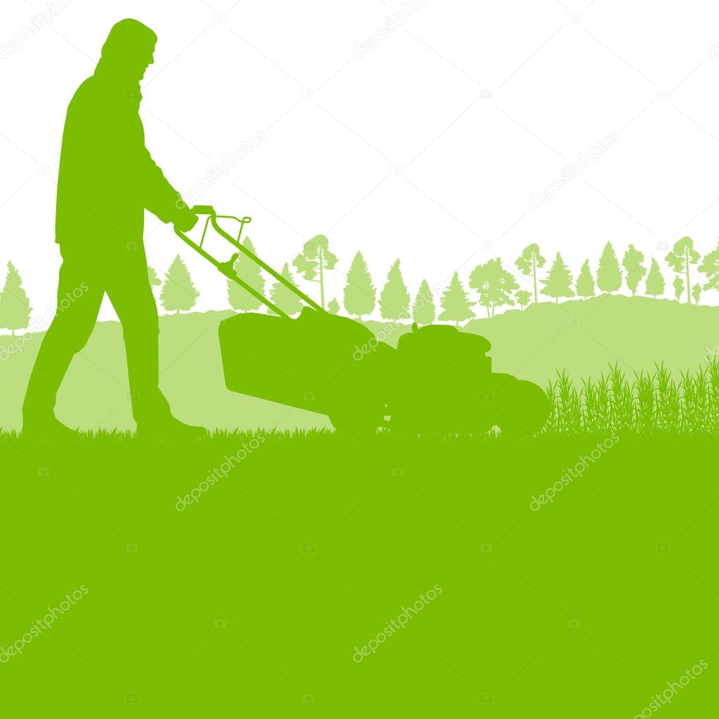 Man with lawn mover cutting grass vector background ecology conc