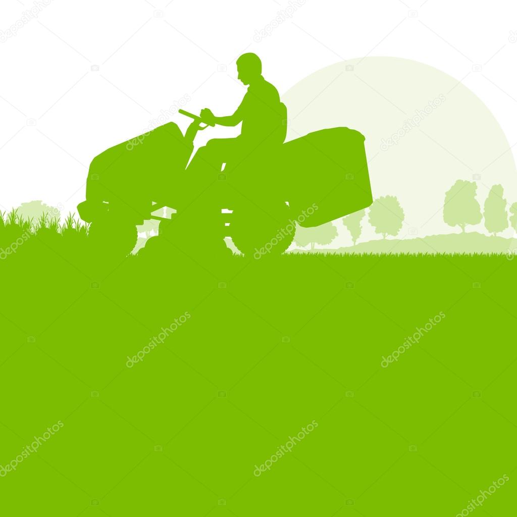 Man with lawn mover cutting grass vector background ecology conc