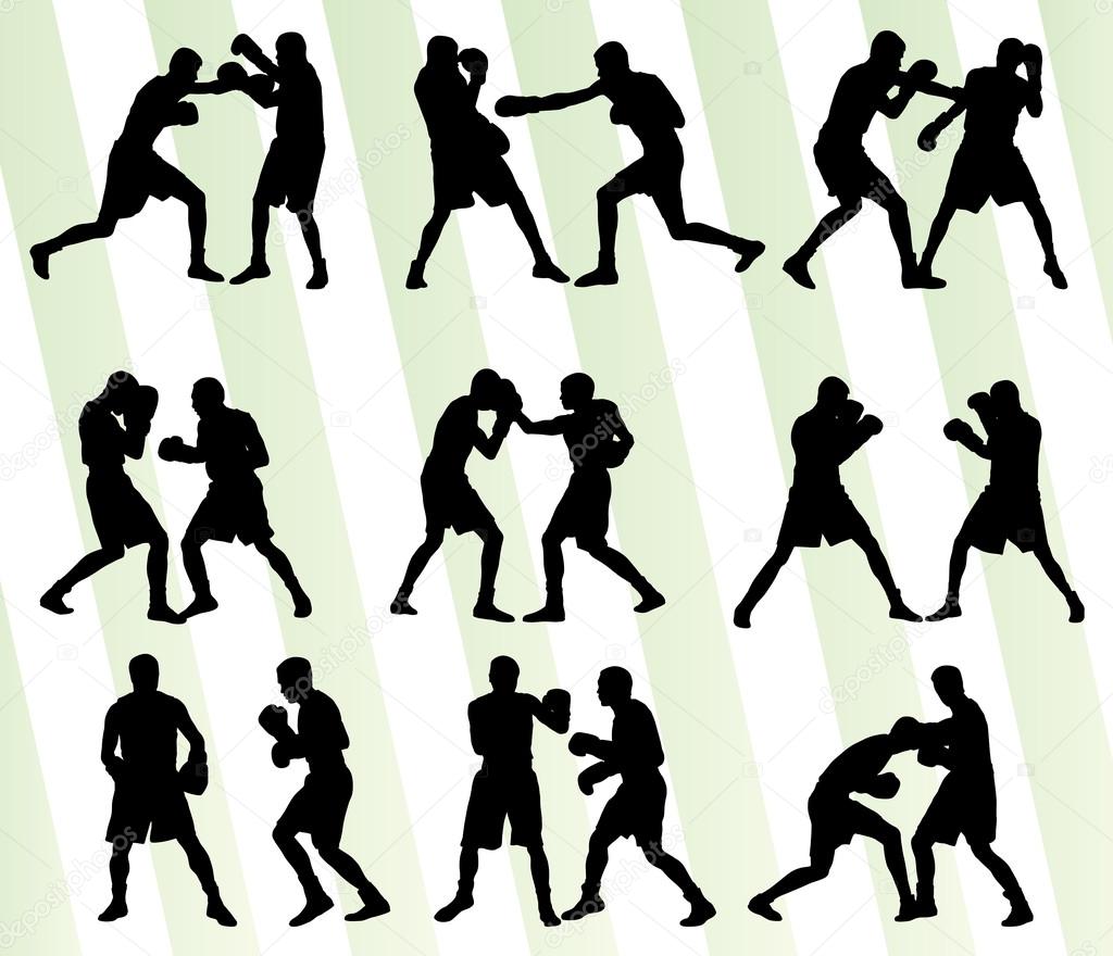 Boxing active young men box sport silhouettes set background ill