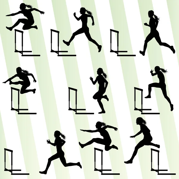 Ställ friidrottare kvinna häcklöpning i friidrott vektor bakgrund — Stock vektor