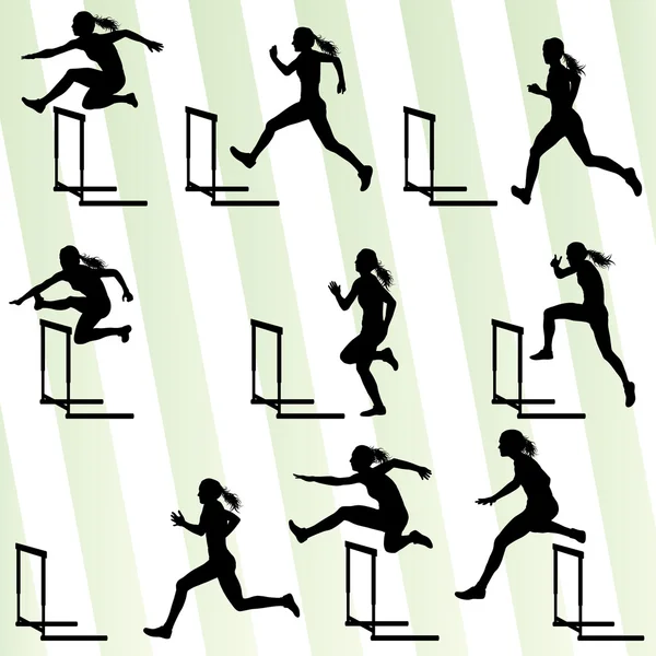 Atleta mujer hurdling en pista y campo vector fondo conjunto — Vector de stock