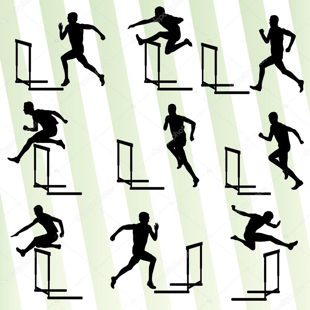 Athlete man hurdling in track and field vector background set