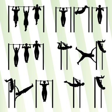 Muscular men doing pull ups bodybuilding fitness set vector back