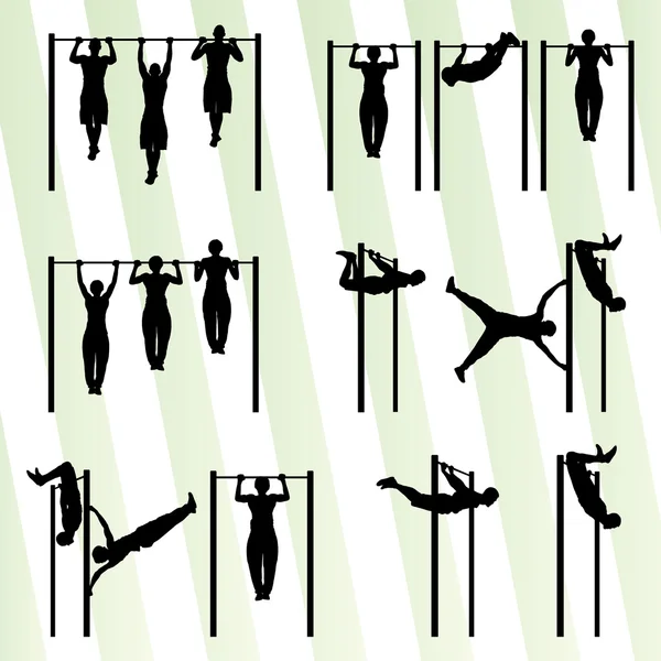 Los hombres musculares haciendo pull ups culturismo fitness set vector de nuevo — Archivo Imágenes Vectoriales