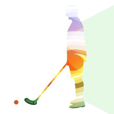 Floorball oyuncu adam siluet hokey ile sopa ve top illus