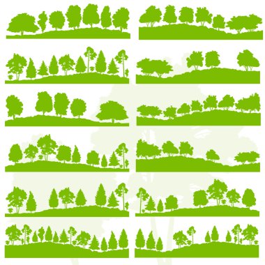 Forest trees and bushes wild nature silhouettes landscape illust
