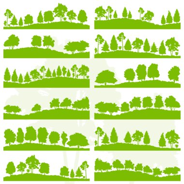 Forest trees and bushes wild nature silhouettes landscape illust