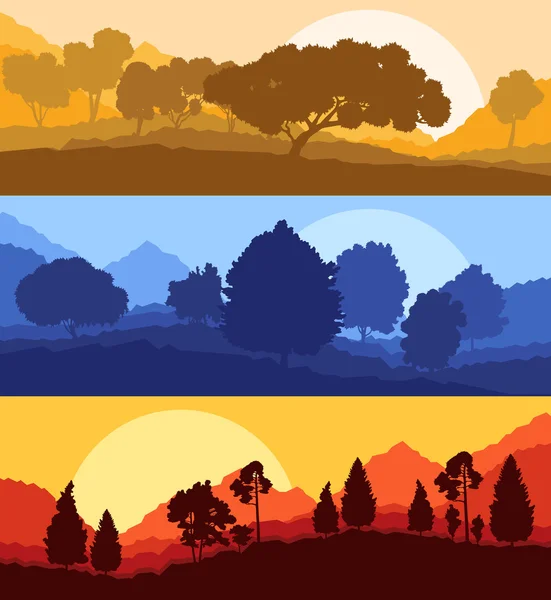 Bosque madera montaña fondo vector conjunto concepto paisaje — Archivo Imágenes Vectoriales