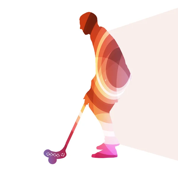 Florbalový hráč muž silueta hokej s holí a míček illus — Stockový vektor
